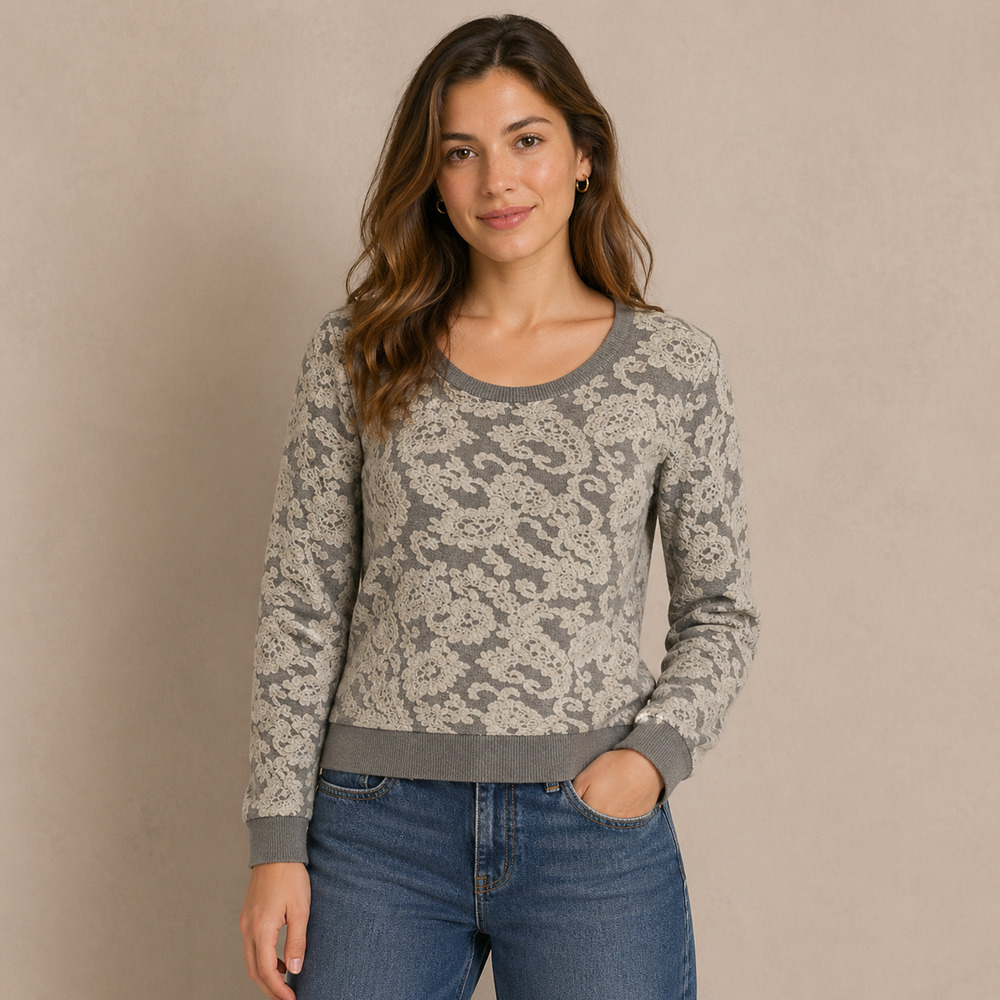 Anthropologie Postmark Lace Print Sweatshirt S Gray Textured Pullover